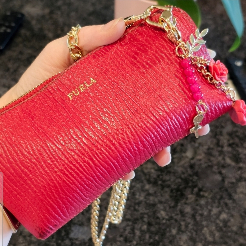 Furla Leather Clutch EUC with Crossbody Chain & Charm added - Picture 1 of 16